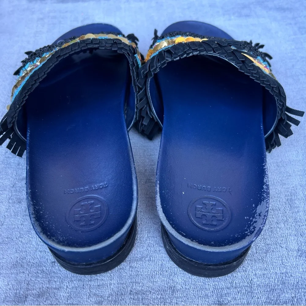 Tory Burch Isle Slides Women 8.5 Slip On Shoes Beaded Fringe Sequin Sandals